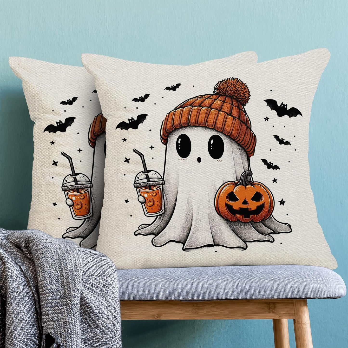 Halloween Pillow Covers 20 x 20 Inch, Burnt Orange Pumpkin Decor Throw Pillows for Home Couch Bed, Black Cream Cute Ghost Bat Fall Outdoor Decorative Pillowcase Linen Cushion Cover Set of 2