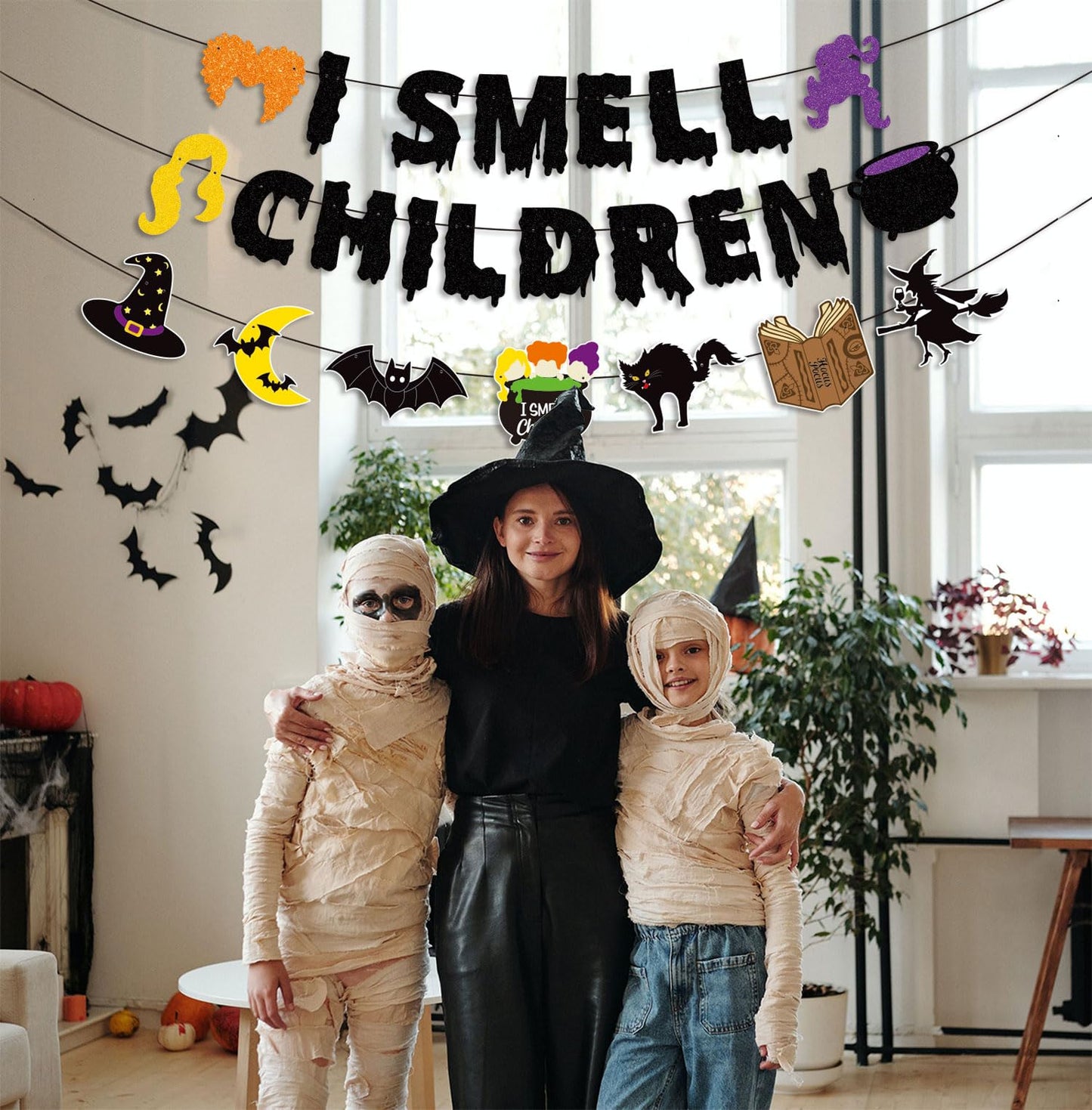 JOZON Black Glittery I Smell Children Banner with Witches Pot Signs Halloween Hocus Pocus Witches Garland Banner Halloween Holiday Haunted House Party Decorations for Mantle Fireplace Wall