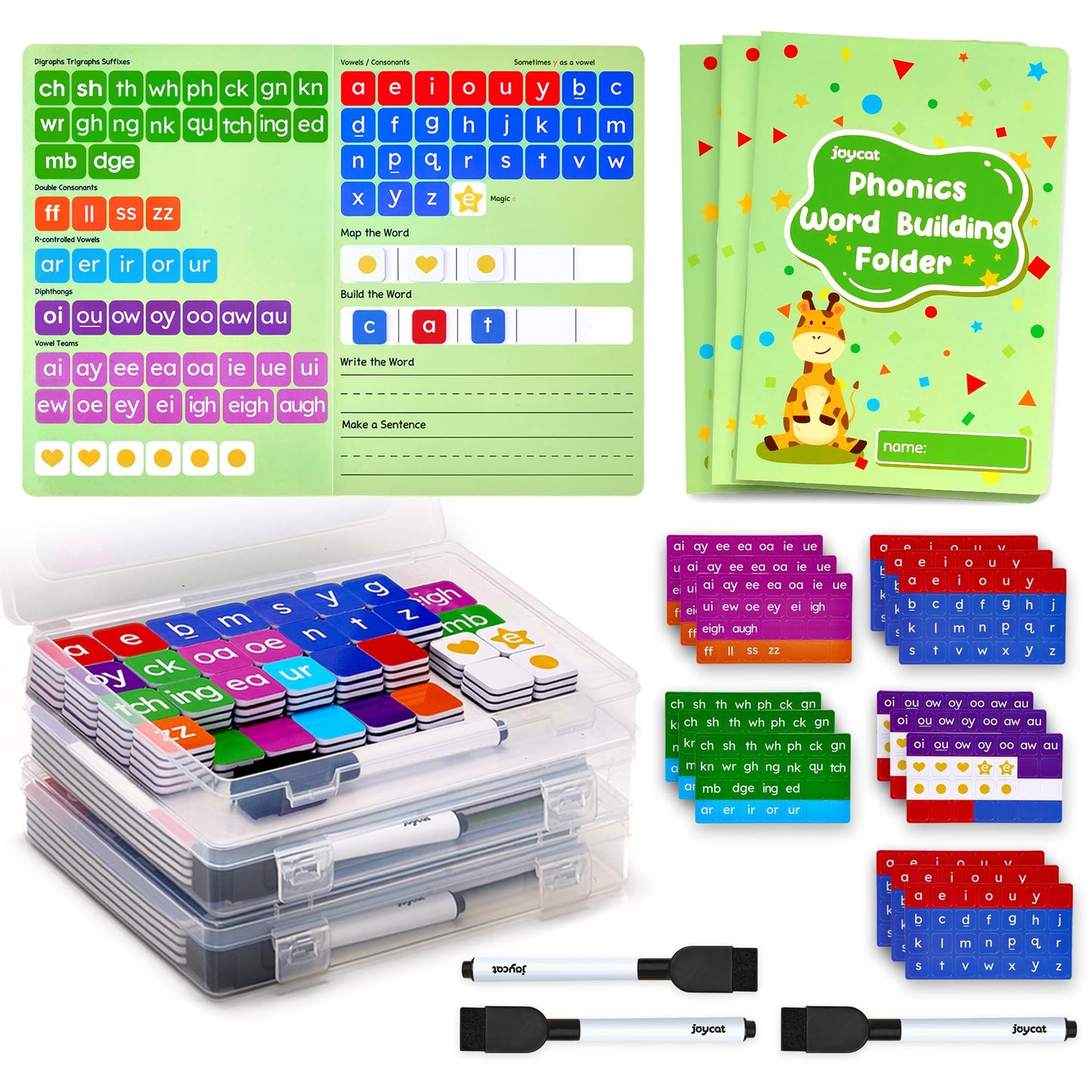 JoyCat 3 Sets Magnetic Letter Tiles for Classroom with 3 Folders - ABC Letters with Erasable Marker, Word-Building Folder & Storage Case, Phonics & Spelling Game for Kids 3+, Preschool & Pre-K