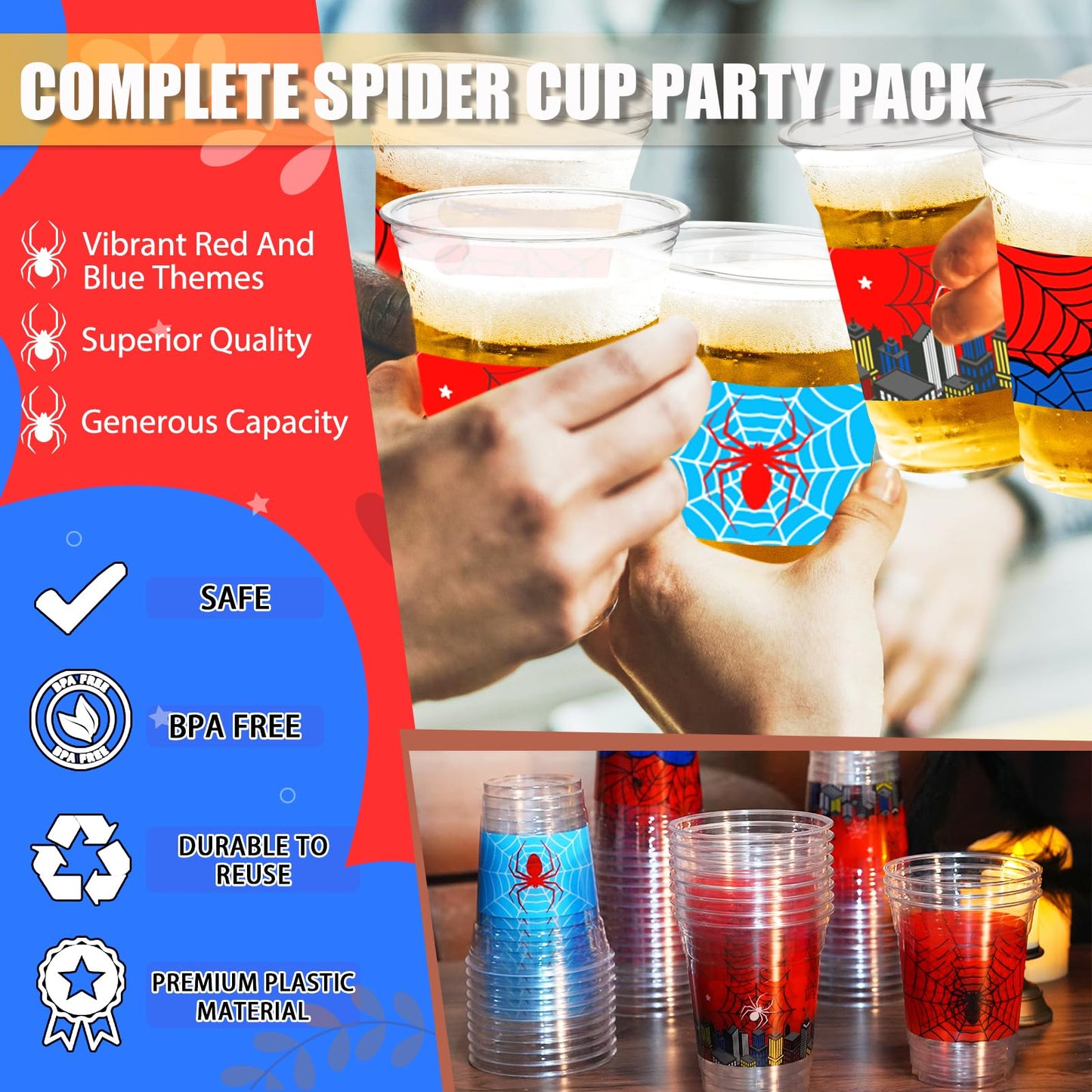 CUPLOOV 50Pcs Spider Web Birthday Party Decorations Cups, 12 OZ Disposable Plastic Drinking Cups Hot Cold Drink Wine Coffee for Home Sports Birthday Christmas Themed Holiday Party Supplies Favors