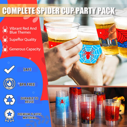 CUPLOOV 50Pcs Spider Web Birthday Party Decorations Cups, 12 OZ Disposable Plastic Drinking Cups Hot Cold Drink Wine Coffee for Home Sports Birthday Christmas Themed Holiday Party Supplies Favors