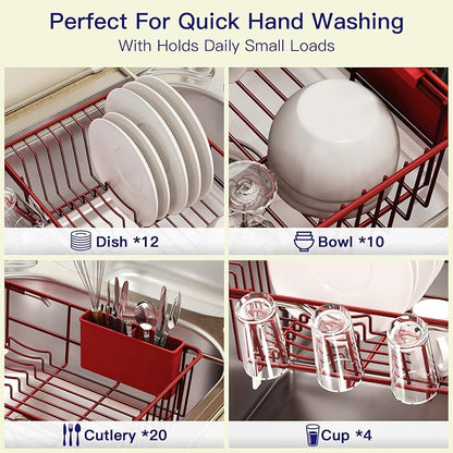 MAJALiS Red Dish Drying Rack Over The Sink with Utensil Holder, Mat | Expandable Stainless Steel Dish Drainer for Small Kitchen, Apartment, RV, Counter Space Saving, Perfect Fit, Rustproof