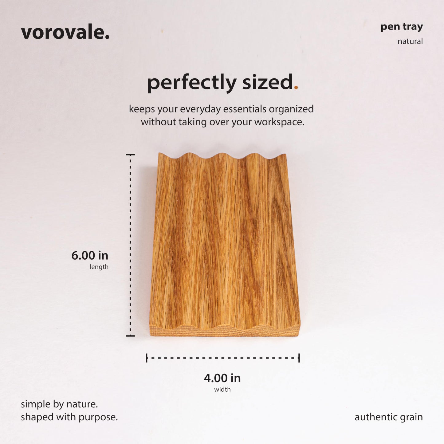 Vorovale Solid Oak Pen Tray, Minimalist Desk Organizer, Natural Wood Pen Holder with Rounded Wavy Channel, Handcrafted Office Accessory