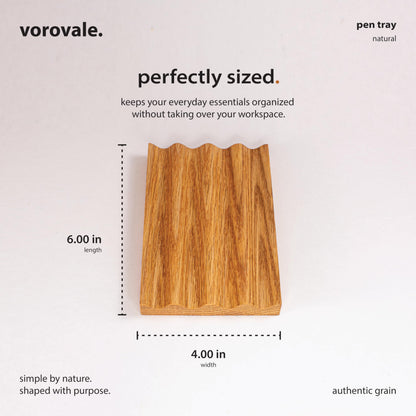 Vorovale Solid Oak Pen Tray, Minimalist Desk Organizer, Natural Wood Pen Holder with Rounded Wavy Channel, Handcrafted Office Accessory