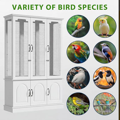 70.8" Tall White Bird Cage with Storage Cabinet, Large Flight Parrot Cage with Lock and 4-Sided Metal Mesh Design, DIY-Friendly, 47.2" Wide Bird Cages for Parakeets, Cockatiels, Finches