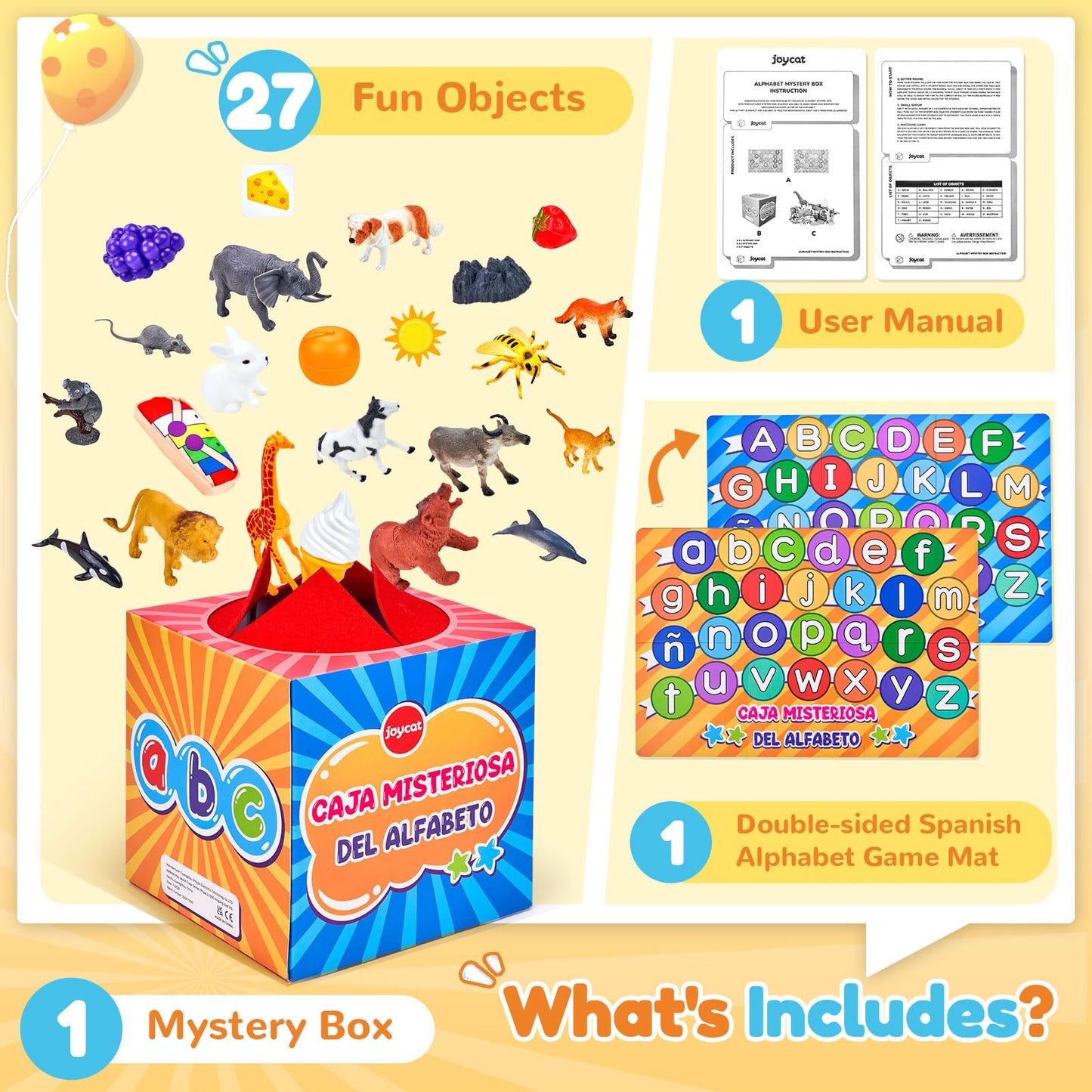 JoyCat Spanish Mystery Alphabet Box - Caja Misteriosa del Alfabeto for Kids, 27 PCS Spanish Letters & Sounds Sorting Game, Fine Motor Learning Toys for Preschool, Kindergarten, Easter Basket Stuffers