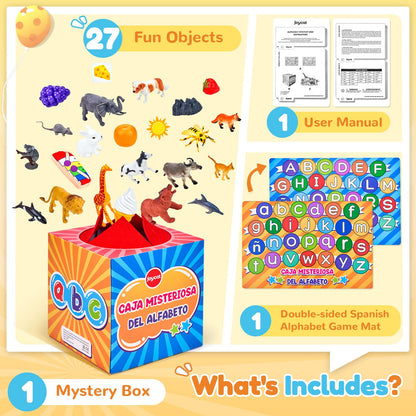 JoyCat Spanish Mystery Alphabet Box - Caja Misteriosa del Alfabeto for Kids, 27 PCS Spanish Letters & Sounds Sorting Game, Fine Motor Learning Toys for Preschool, Kindergarten, Easter Basket Stuffers
