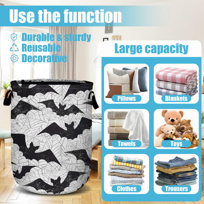 Retro Black White Bat Laundry Basket, Halloween Laundry Hamper Collapsible Oxford Cloth with Handle Clothes Storage Bin for Bathroom Laundry Room Bedroom 15.7 X 20 Inch