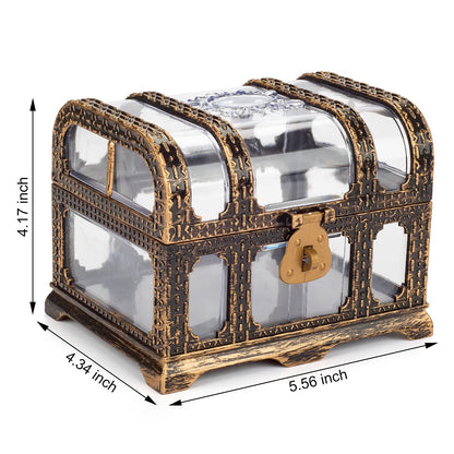 Pemalin Plastic Transparent Antique Pirate Treasure Box with Lock and Key, Treasure Toy Box Prizes for Kids, Pirate Party Decor