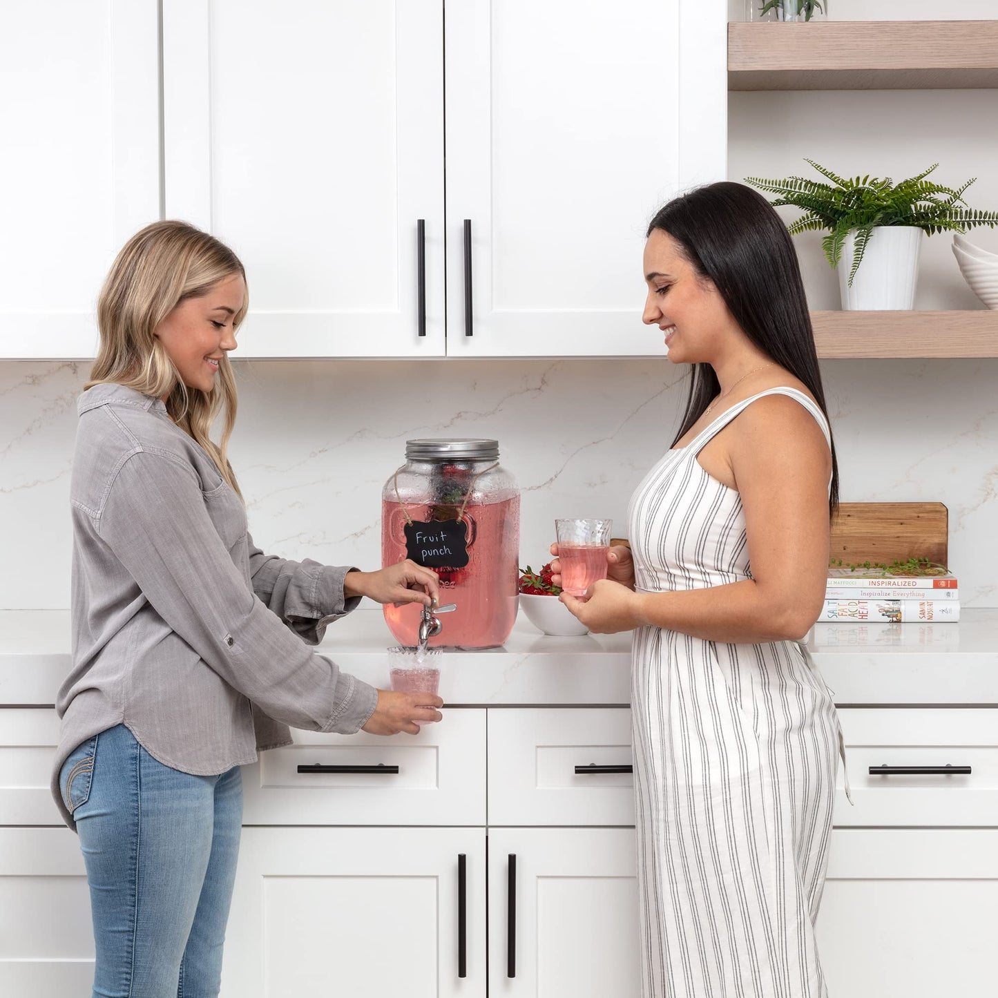 2-Gallon Glass Liquor Decanter Drink Dispenser for Parties - 100% Leakproof Stainless Steel Spigot + Marker & Label and Fruit Infuser, Water Beverage Dispenser Liquid Laundry Detergent Dispenser