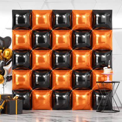 NISOCY 25PCS Halloween Black Orange Square Foil Balloons Wall Backdrop Double Sided Black Orange Balloons Arch Kit for Birthday Graduation Baby Shower Anniversary Party Decorations