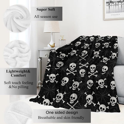 VODRM Skull and Crossbones Blanket Halloween Holiday Decor Gothic Spooky Skeleton Black Throw Gifts Lightweight Soft Fleece Spider Web Blankets for Creepy Fall Vibe Horror Goth Decoration 50x60in