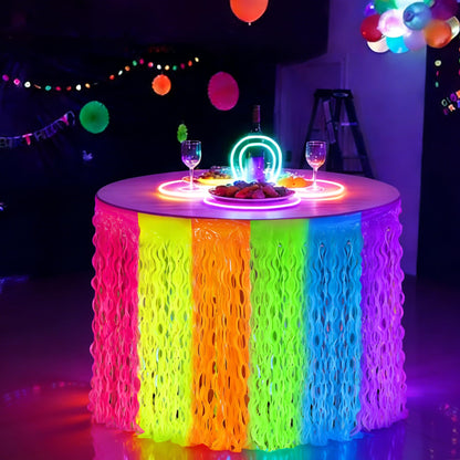 4 Pack Neon Tinsel Foil Fringe Table Skirts 108 x 29.5 Inch Glow in The Dark Party Table Decoration UV Reactive Fluorescent Wavy Tables Skirt for Glow Birthday Wedding Supplies Neon Party Decor