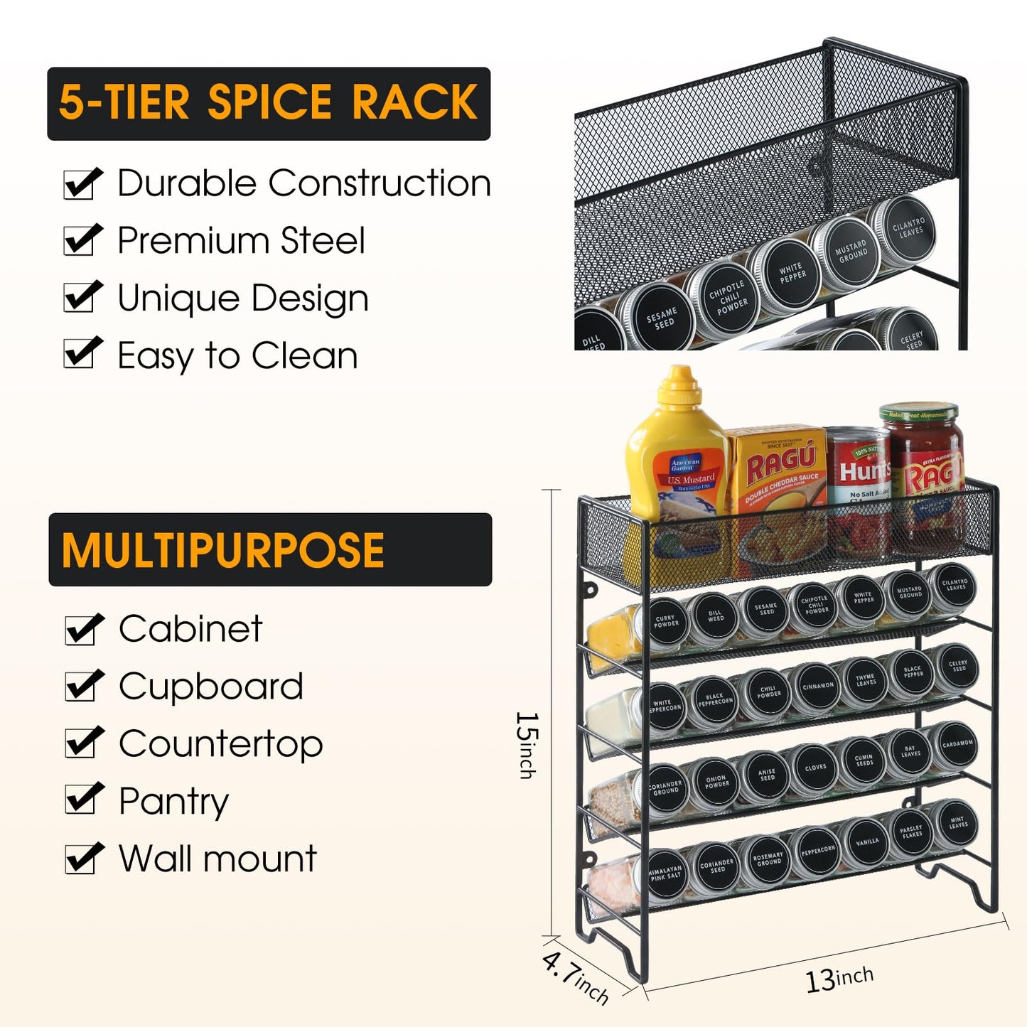 Spice Rack Organizer with 28 Spice Jars, Black Lids，Spice Labels, Chalk pen and Funnel Set for Cabinet, Countertop, Pantry, Cupboard or Wall Mount