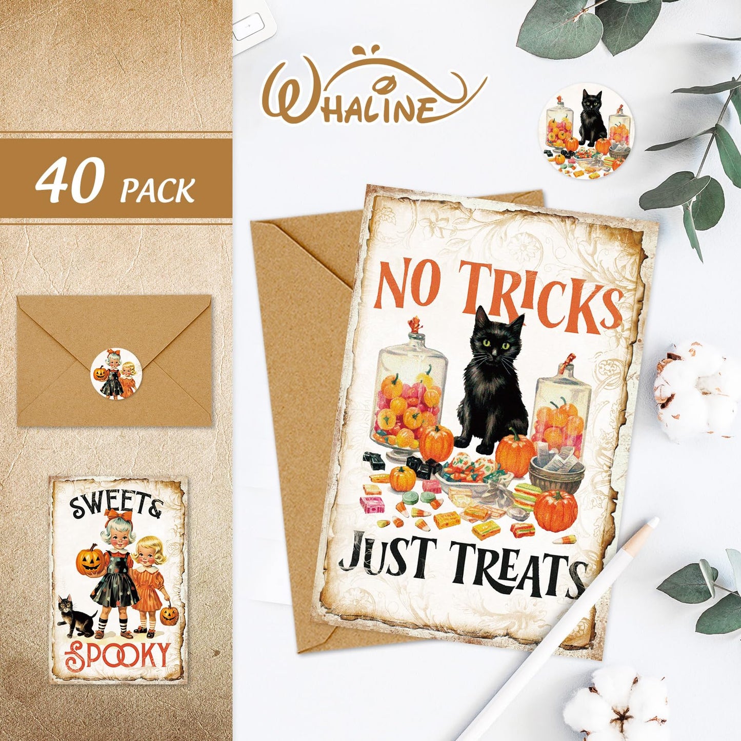 Whaline 40 Pack Vintage Halloween Greeting Cards with Envelopes Stickers Witch Black Cat Blank Note Cards for Trick or Treat Party Supplies, 4 x 6 Inch