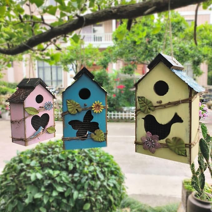 Generic Wood Bird House for Outside, 10"" H Hanging Bird House with Waterproof Metal Roof, Vintage Rustic Decorative Birdhouse Wooden Bird Nest Box for Outdoor Garden Yard Decorations (Yellow)