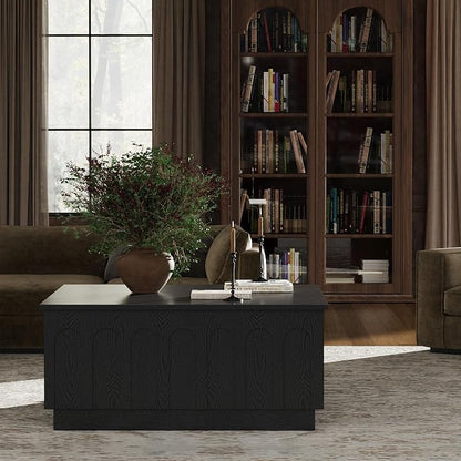 FORTUNETEC Lift Top Coffee Table with Storage, Modern Coffee Table with Arched Design, 31.5" Square Tea Table with Wood Grain, Minimalist Multifunctional Center Table for Living Room, Office, Black