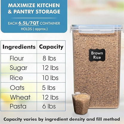 WHITE FEATHER SUPPLIES 2 PC [7 Qt / 6.5L / 220 Oz] Large Food Storage Containers with Lids Airtight - BPA Free Clear Plastic Kitchen and Pantry Storage Containers for Cereal, Flour, Sugar, Rice