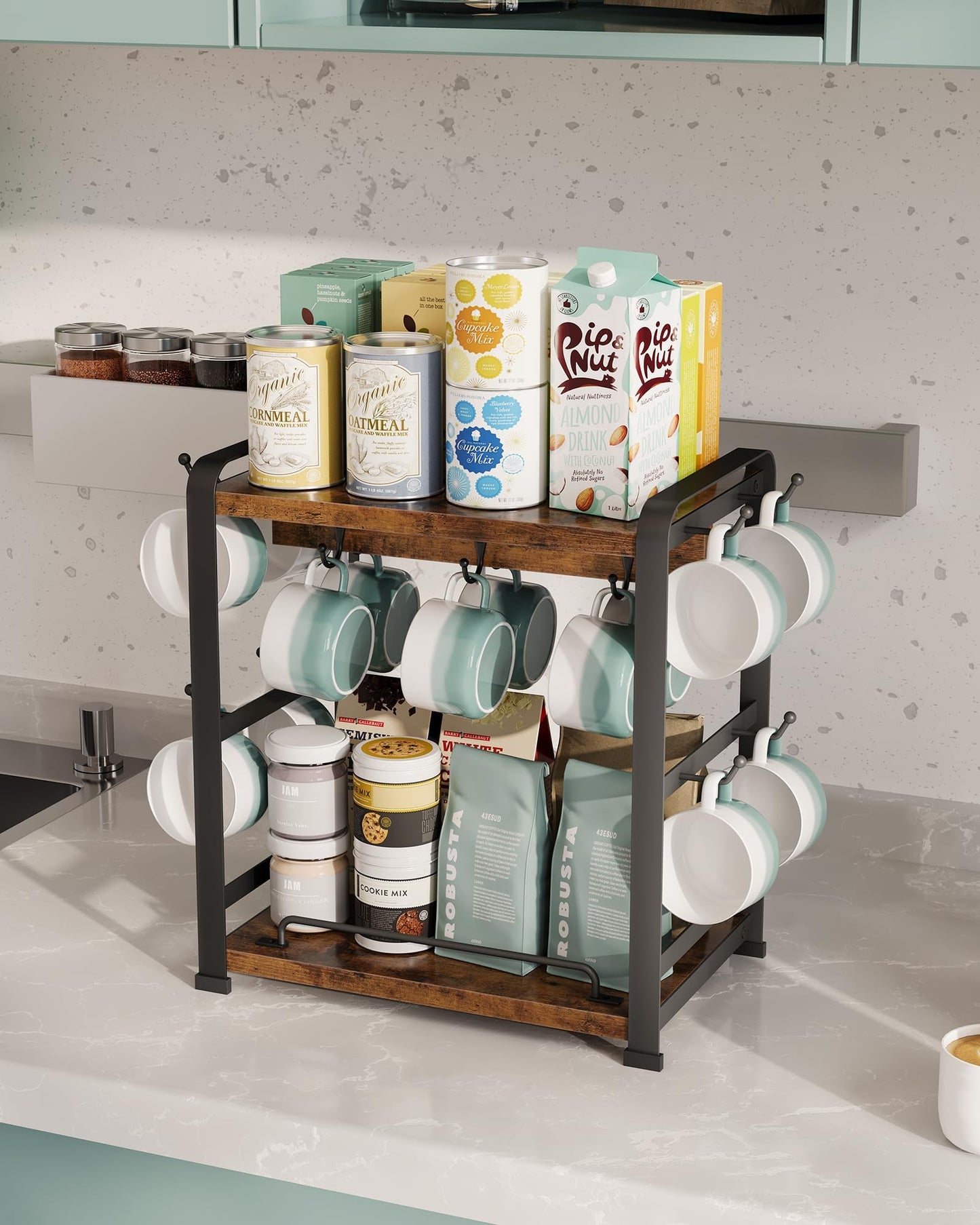 OROPY Wooden Coffee Bar Organizer with 14 Mug Hooks, 2 Tier Countertop Coffee Mug Holder Stand for Cups, Mugs, Syrups, Accessories
