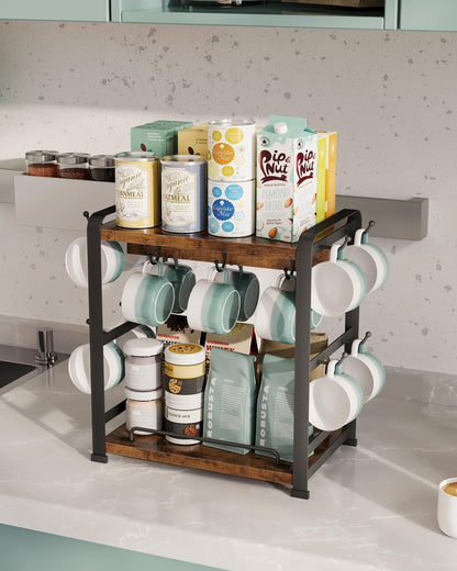 OROPY Wooden Coffee Bar Organizer with 14 Mug Hooks, 2 Tier Countertop Coffee Mug Holder Stand for Cups, Mugs, Syrups, Accessories