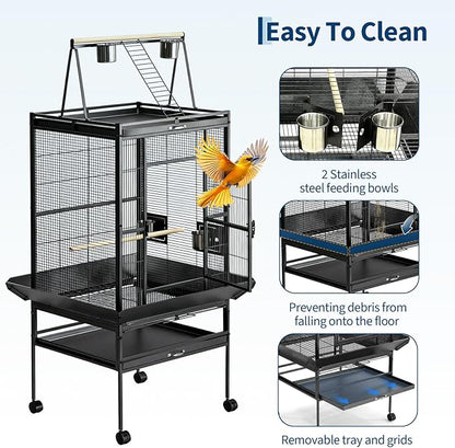 68“h Bird Cage, Large Bird Cage with Play Top, Rolling Stand for Parakeets, Cockatiels, Parrots, Budgies, Lovebirds, Small/Medium Birds