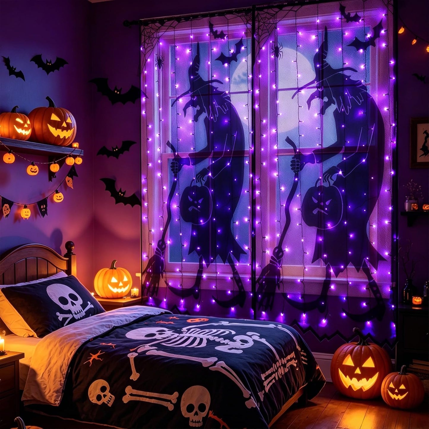 Watereem Lighted Halloween Decorations, 40 x 84 Inch 146 LED Purple Curtain Lights with Black Lace Witch Pattern, Scary Skeleton Window Door Drapes for Home Front Door Window Office Party Supplies