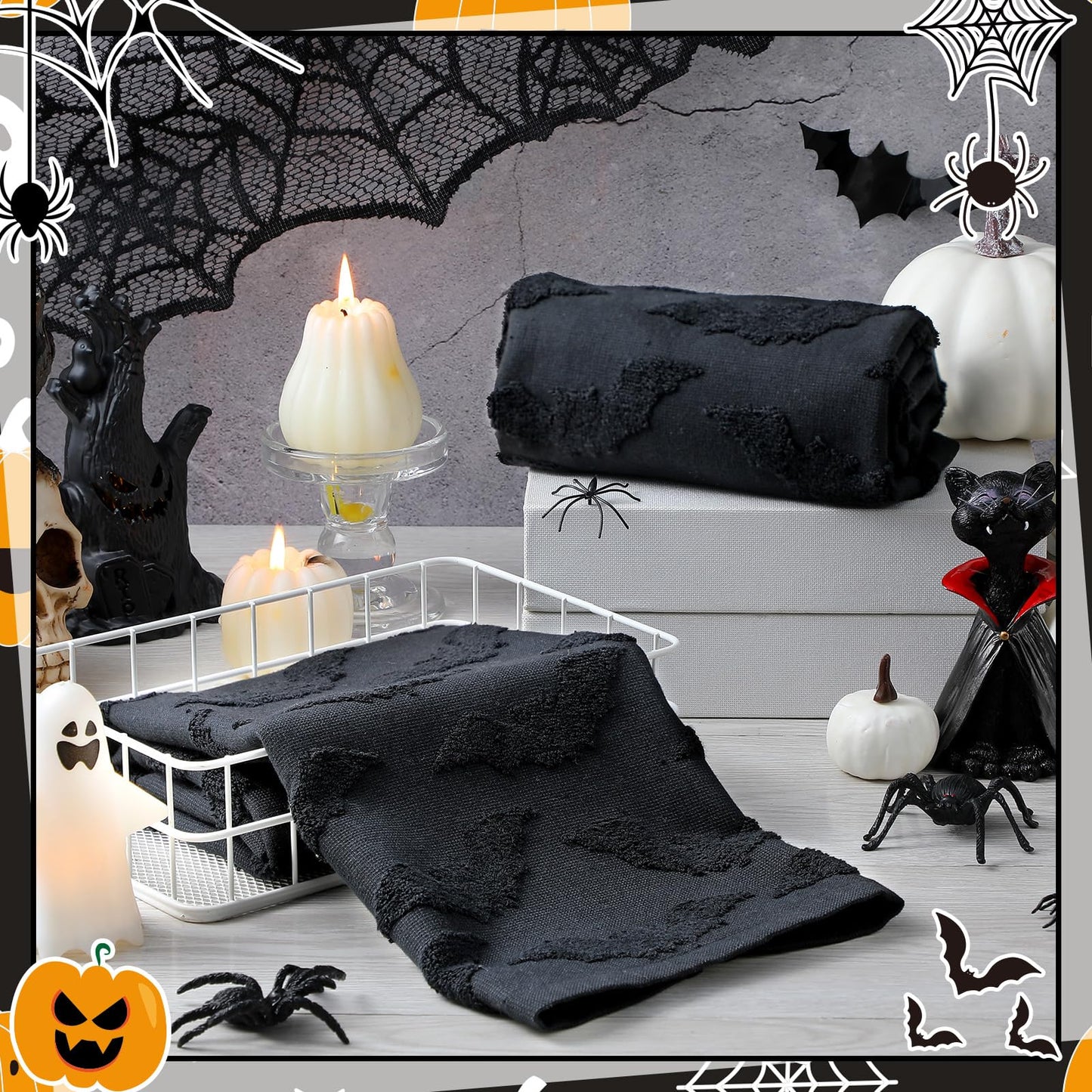 SmoothNovelty 2 Pcs Hand Towels for Bathroom Halloween Hand Towels 100% Cotton Absorbent Decorative Jacquard Weave for Halloween Bath Kitchen Decor Gift, 13.8 x 29.5 Inch(Black,Bat)