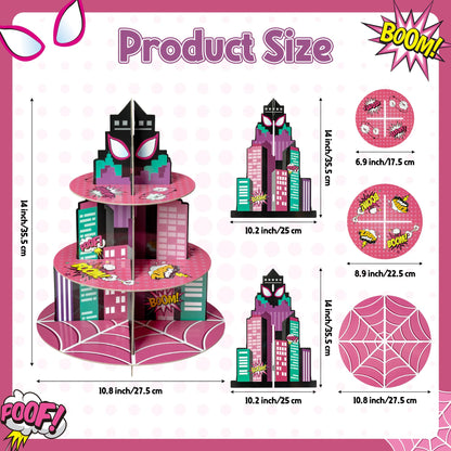 Andi Cppss Pink Spider Cupcake Stand - 3 Tier Pink Spider Party Dessert Holder Spiders Theme Cardboard Cake Stand for Birthday Party Decorations Cupcake Display for Kids Birthday Party Supplies