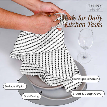 TWINY threads Waffle Kitchen Towels Set of 4, Large 16x26 Inches, 100% Cotton Absorbent Dish Cloths, Fast Dry & Machine Washable Waffle Weave Towel for Cooking, Baking & Cleaning, Black and White