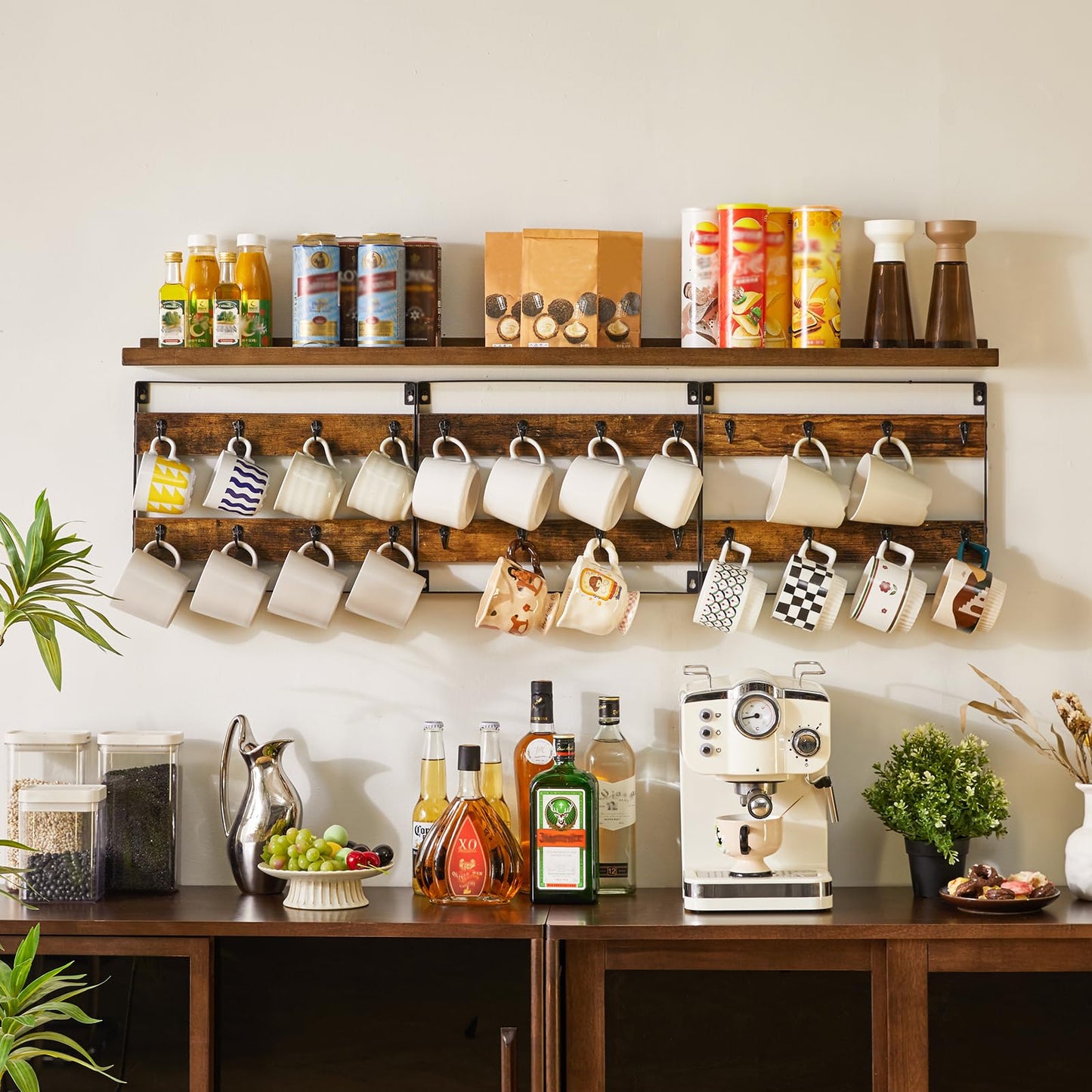 IBUYKE Mug Racks for Wall,Set of 3, 24-Hook Large Coffee Mug Holder Wall Mounted, Rustic Wood Coffee Mug Rack Display Organizer for Kitchen, Home,Bar, Coffee Station,Rustic Brown TBJ005H-3