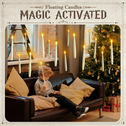 JOIONE Floating Candles with Wand, 12 Pack Hanging Candles with Magic Wand Remote, Battery Powered Floating Candles with Wand, Flameless Magic Hanging Taper Candles for Xmas Halloween Decor, Ivory