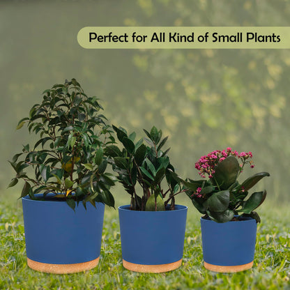 RUBBER BOND Plastic Plant Pots 3 Pack - Modern Indoor/Outdoor Planters for Home Decor - Weather-Resistant Flower Pots - Ideal for Stylish Garden and Patio Decor (Blue Round)
