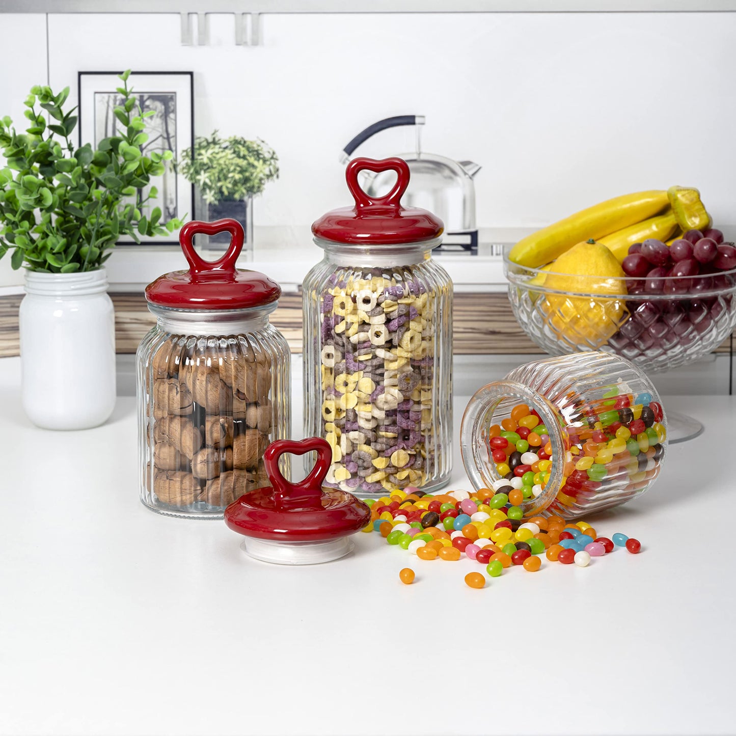 Hyperspace Set of 3 Decorative Glass Kitchen Canister Set, Cookie Jar, Food Storage Containers, Bathroom Jars, with Airtight Ceramic Lid for Kitchen and Bathroom, Red Heart Handle
