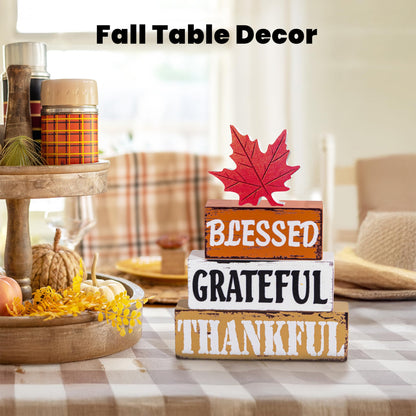OLANRUN Thanksgiving Fall Decorations for Home, 4 PCS Wooden Fall Table Decor with Letter, Handmade Crafts Autumn Thanksgiving Decor Indoor for Office Farmhouse Home Bedroom Kitchen Mantel Tiered Tray