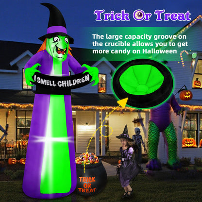 BRDJade 8Ft Halloween Inflatables Witch Outdoor Decorations with Candy Cauldron, Scary Blow Up Witch Holds I Smell Children Banner, Inflatable Halloween Build-in LEDs for Party Yard Lawn Garden Decor