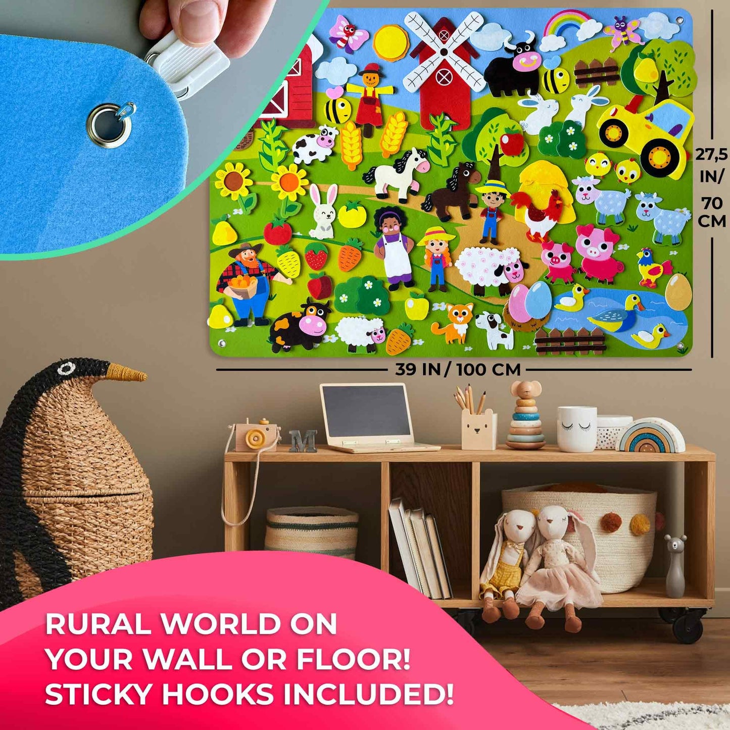 QUOKKA Farm Felt Board for Toddlers 61 PCS - Double-Thick Felt Board Story Set with Large 39х27,7 in. Durable Wall Activity Panel - Ideal for Storytelling Indoor Toddler Activities and Classroom