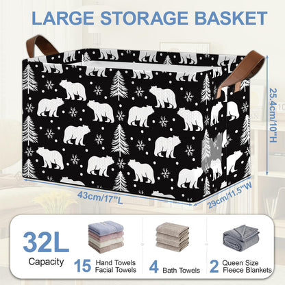 Masarua Bear Forest Collapsible Storage Box,Snowflake Winter Organizer Bin with Handles for Room Decoration,Bins Book Basket Box 17x11.5x10Inch