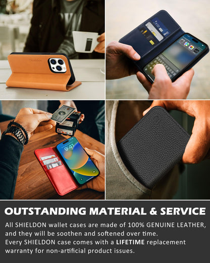 SHIELDON Case for iPhone 13 Pro 5G, Genuine Leather Folio Wallet Magnetic Shock Absorbing Case RFID Blocking Credit Card Holder Kickstand Compatible with iPhone 13 Pro 6.1" - Retro Brown