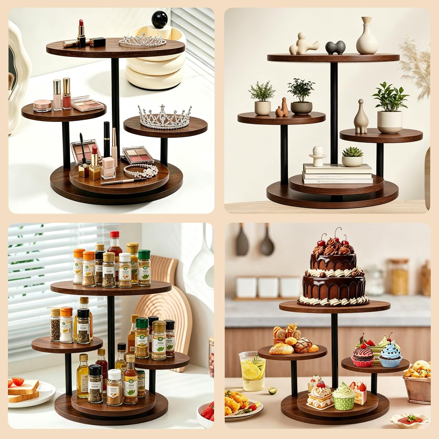 4 Tier Round Cupcake Tower Stand for 50 Cupcakes, 360° Rotating Wood Cake Stand with Tiered Trays, Farmhouse Cookie Stand for Dessert Table Display for Wedding Birthday Baby Shower Tea Party ﻿