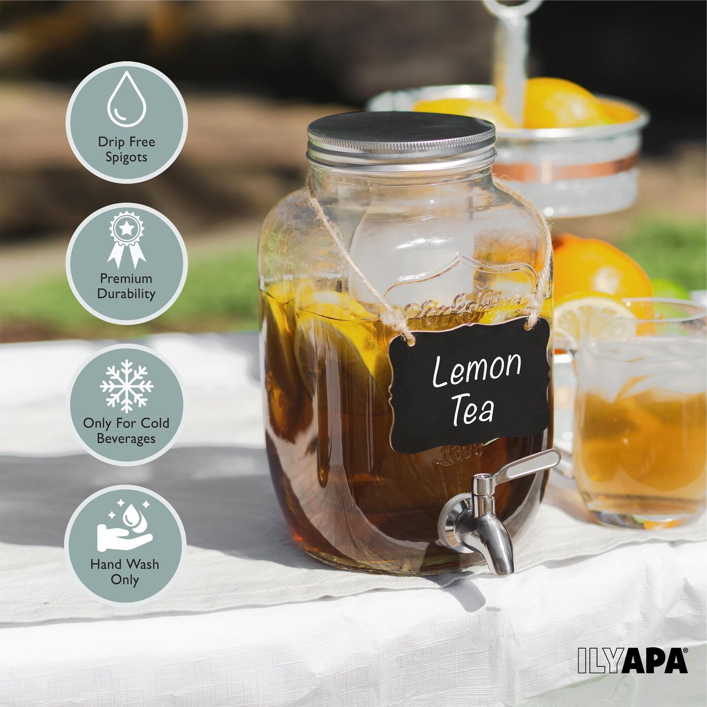 Ilyapa 2 Gallon Drink Dispenser - Wide Mouth Glass Drink Dispenser - 100% Leak Proof Stainless Steel Spigot with Glass Flip Top Lid, for Any Event