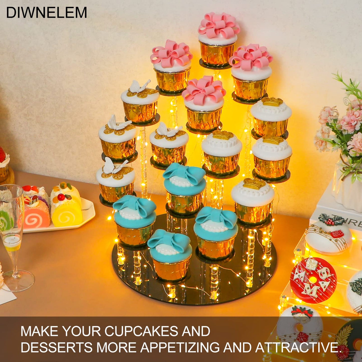 DIWNELEM 16 Tier Acrylic Cupcake Stand Display Riser Holder for Cupcakes, Collectibles, Figures, Comestics, Perfumes, Jewelry - Black Acrylic Display Stand Organizer