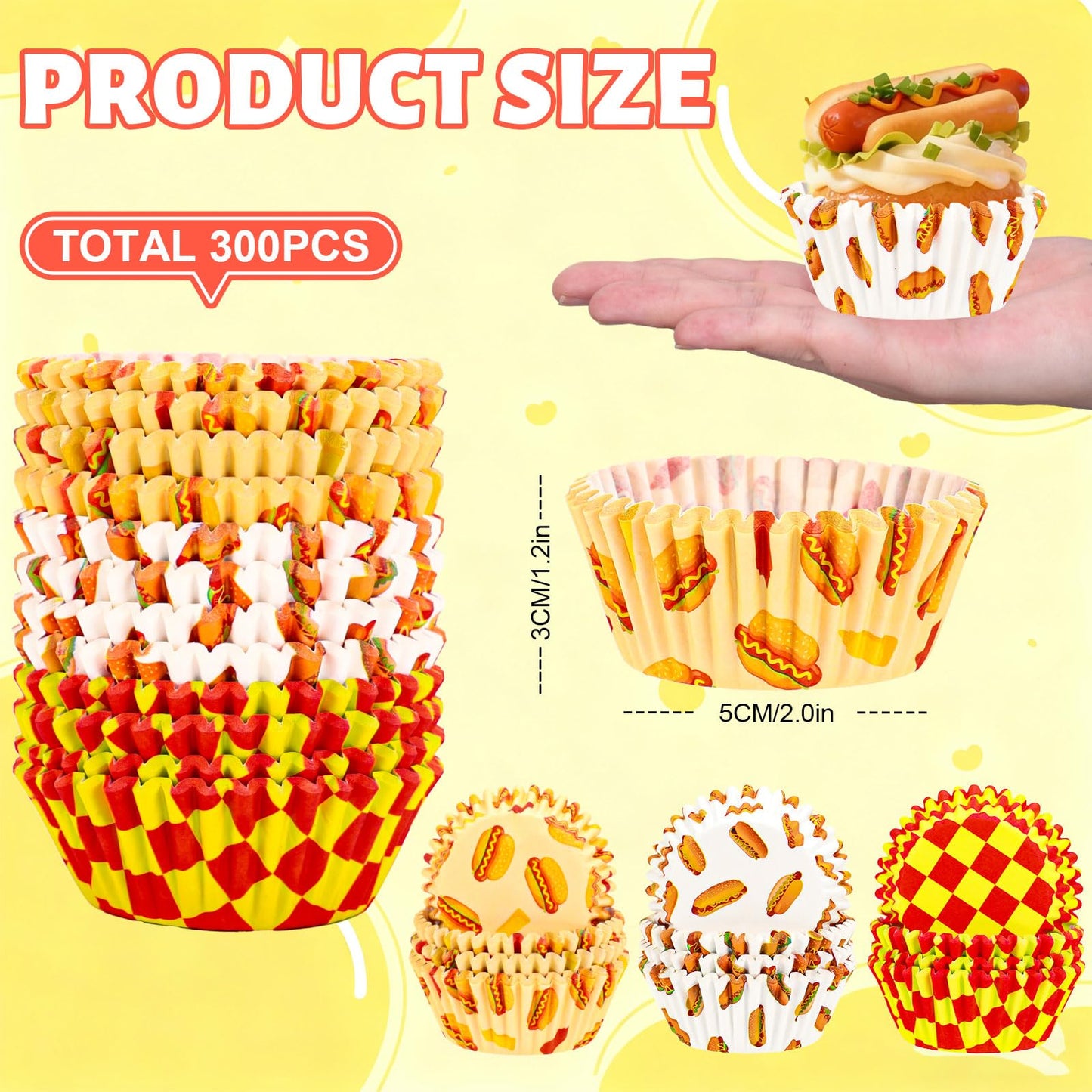 FYSUIMU 300Pcs Hotdog Cupcake Liners Hot Dog Day Baking Cups Standard Muffin Cupcake Wrappers for Summer Holiday Birthday Theme Party Supplies