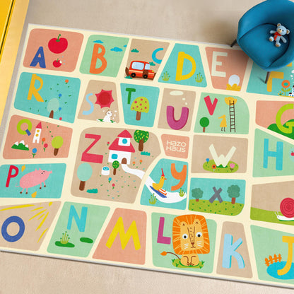 ABC Alphabet Rug for Preschool Kids Learning – 6x9 Baby Crawling Play Mat, Washable & Wipeable Floor Carpet, Soft & Non Skid Toddler Rug with Educational Letters and Whimsical Cartoon Art Decor