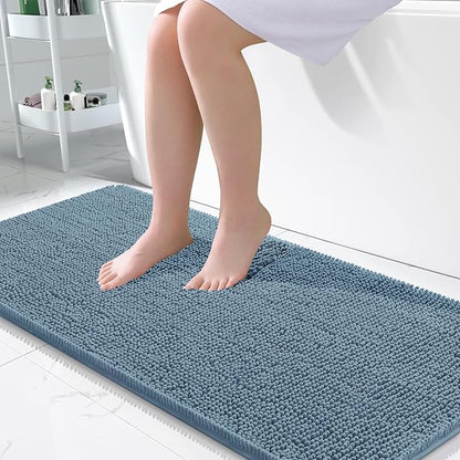 OLANLY Bathroom Runner Rugs 47x24, Soft Absorbent Chenille Bath Rugs, Rubber Backing Quick Dry, Machine Washable Long Bath Mats for Bathroom Floor, Tub and Shower, Home Decor Accessories, Airy Blue