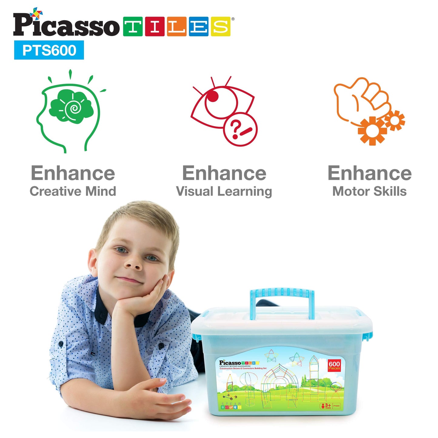 PicassoTiles 600pc Construction Toy Straw Building Set Children STEM Learning Interlocking Building Toys Creative Straw Connecting Builder Kits Early Education Kit for Kids Boys & Girls Ages 3+ PTS600