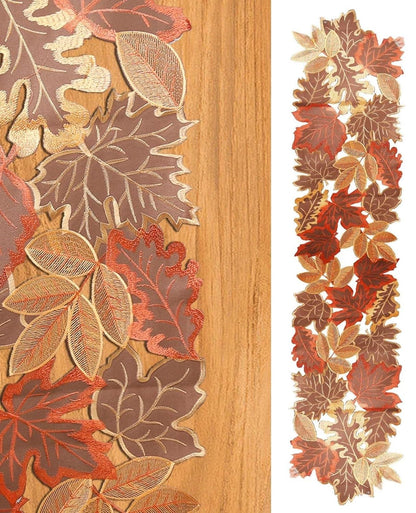 Fall Table Runner Embroidered Leaves Fall Table Cover Autumn Harvest Table Runner for Home Decorations Dining Table Decoration Halloween Thanksgiving Christmas 13”W x 70” L