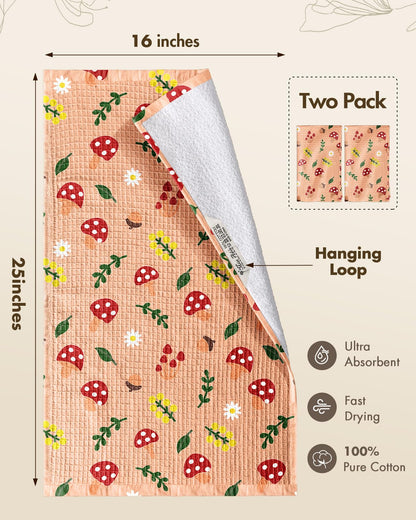Miss Adola Cotton Waffle Kitchen Towels – Cute 370 GSM 16x25 Inch Terry Cloth Waffle Decorative Dishcloth for Kitchen Set of 2 with Hanging Loop Absorbent Hand Tea Towel for Home Design, Mushroom