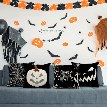 Whaline Happy Halloween Pillow Cover 20 x 20 Inch Pumpkin Spider Web Pillow Case Black Linen Throw Cushion Cover Cushion Cases for Home Office Halloween Sofa Bed Decoration, 4Pcs
