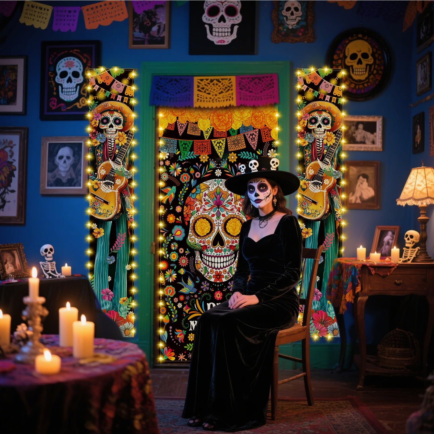 VitalCozy 3 Pcs Day of the Dead Decorations Dia De Los Muertos Door Cover with LED Lights Mexican Dia De Los Muertos Altar Party Porch Sign Halloween Sugar Skull Door Banner Backdrop for Fiesta Party