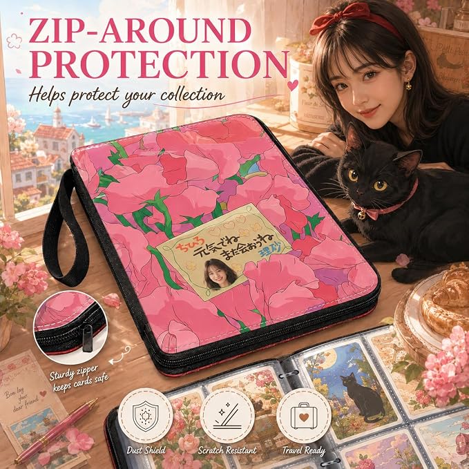 1008 Cute Card Binder 9 Pocket, 3-Ring Trading Card Binder with 56 Page Removable Sleeves, High Storage Waterproof Trading Card Holder Collection Card Album Organizer Case for TCG Cards - Flower